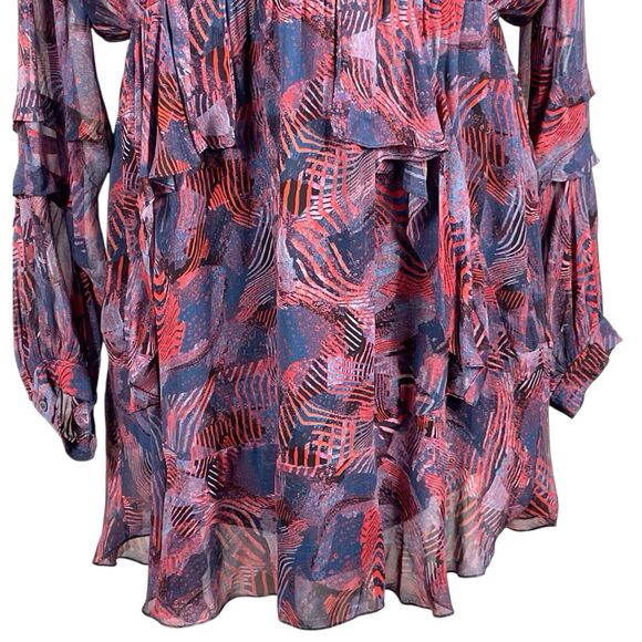 IRO Dress Size 40 (US 8) Abstract Print Red Blue Long Sleeve Ruffle Hem EUC - Picture 5 of 16